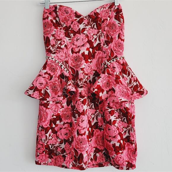 Zara Pink and Red Rose Print Knit Mini Dress w Rhinestone Accents Medium - Picture 4 of 11
